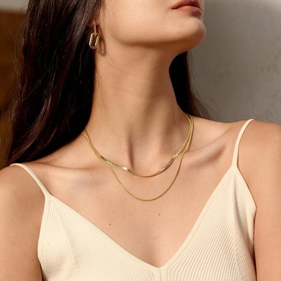 14K Gold/Silver Plated Snake Chain Necklace Herringbone Necklace Gold Choker Nec - Picture 2 of 7